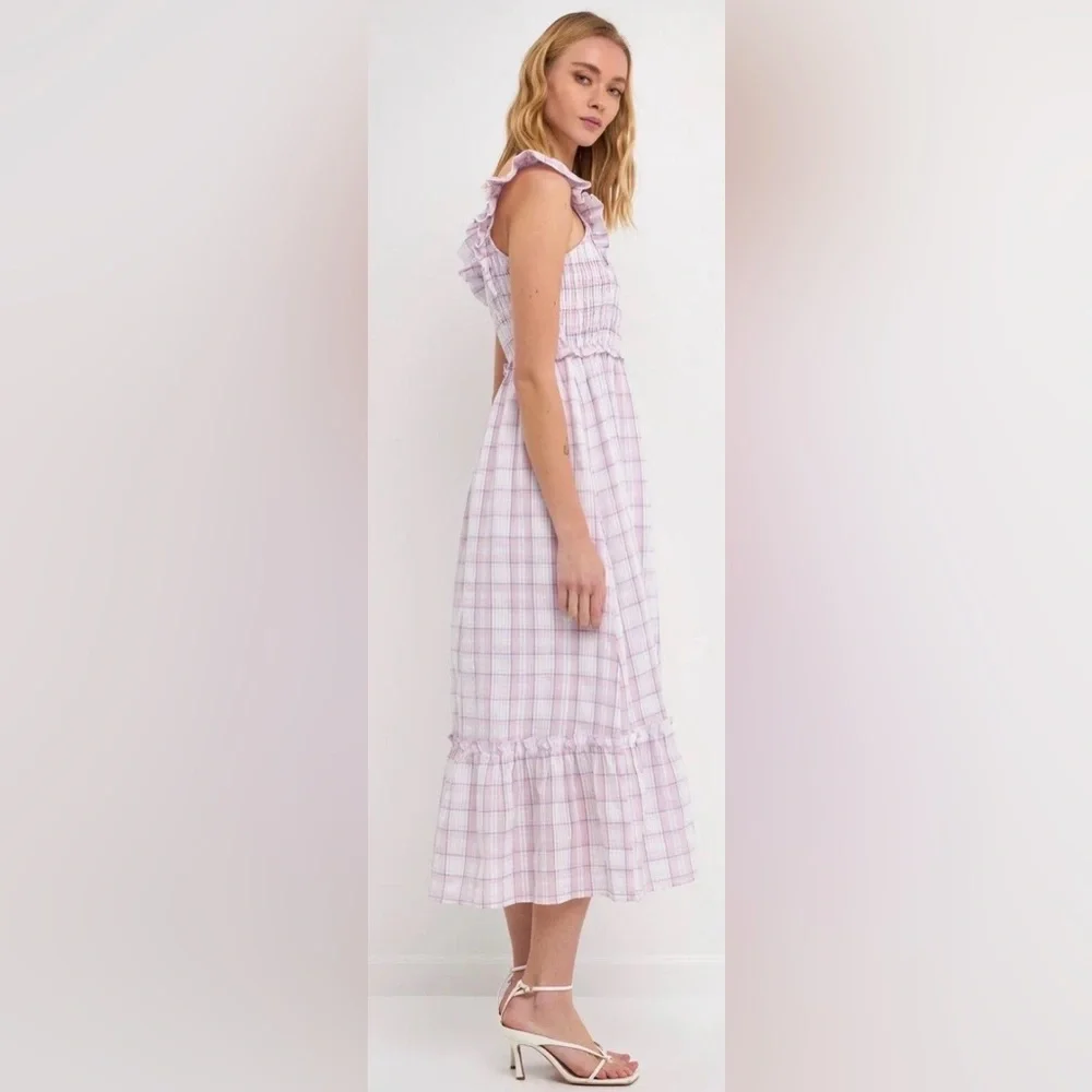 English Factory Plaid Flutter Sleeve Midi Ruffle Dress - Picture 2 of 7